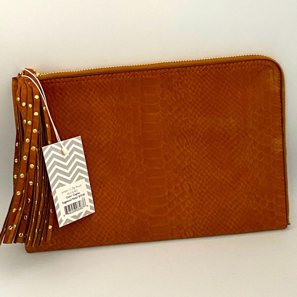 Cognac Suede Zip Pouch/Clutch Studded Fringe Pull